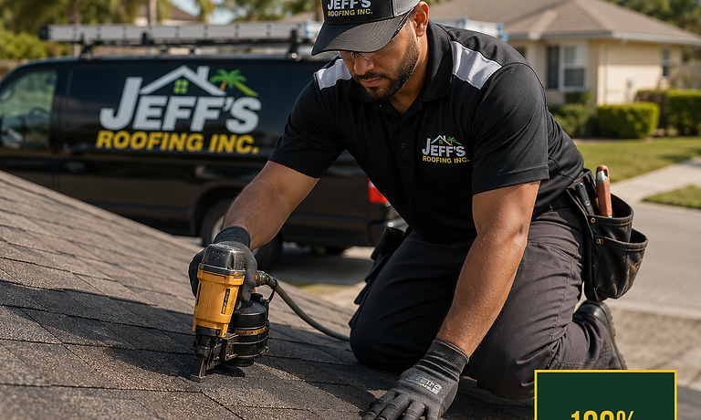 Jeff's Roofing contractor using a pneumatic nail gun to repair shingles