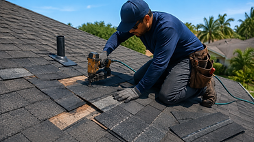 Jeff's Roofing contractor using a pneumatic nail gun to repair shingles on a pitched roof