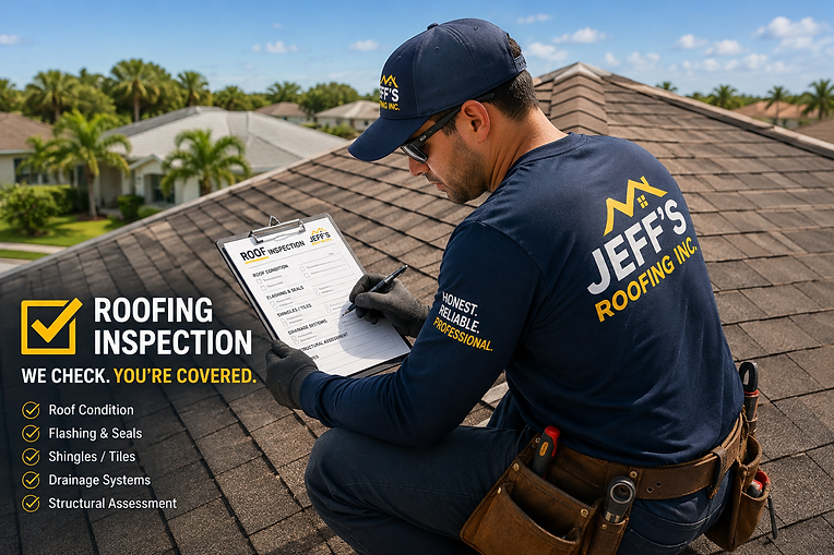 Jeff's Roofing inspector crouching on a roof filling out a roof inspection clipboard