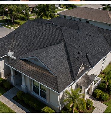 Aerial view of a completed residential roof replacement with clean uniform shingles