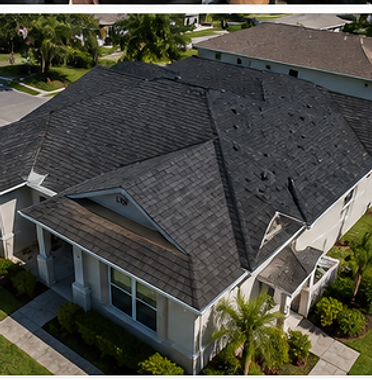 Aerial view of a completed residential roof replacement with clean uniform shingles