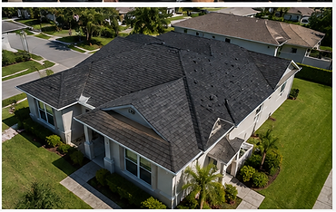 Aerial view of a completed residential roof replacement with clean uniform shingles