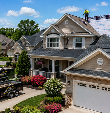 Aerial view of a Jeff's Roofing crew of four replacing shingles on a two-story suburban home with branded truck and dump trailer in the driveway