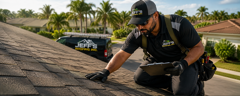 Jeff's Roofing inspector in hard hat kneeling on a shingle roof filling out an inspection clipboard