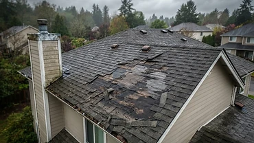Residential roof with visible storm damage and missing shingles