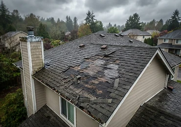 Storm-damaged roof before repair