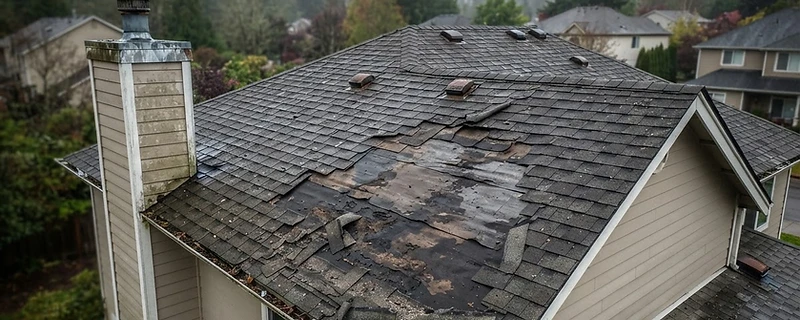 Storm-damaged residential roof with missing and lifted shingles