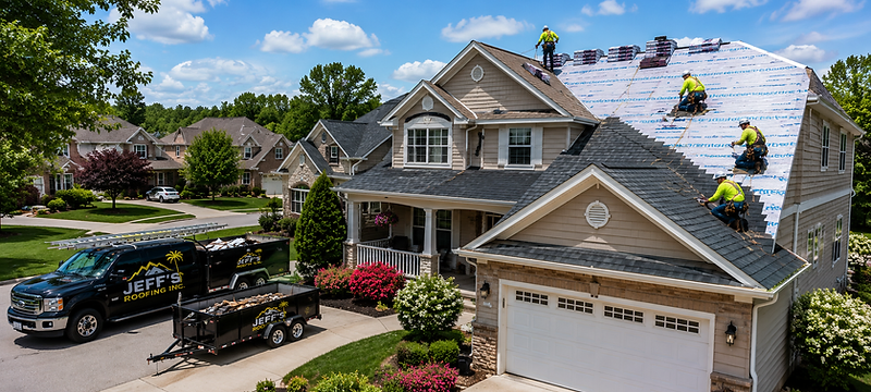 Jeff's Roofing crew working on a residential roof replacement with branded truck and trailer in the driveway