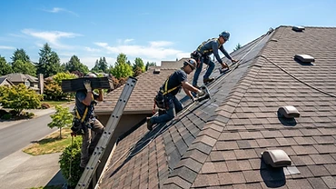 Roofing crew installing new shingles on a residential roof