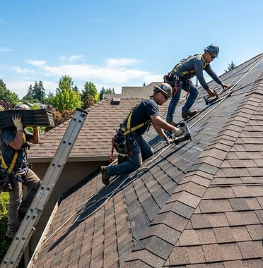 Crew installing new shingles on a residential roof