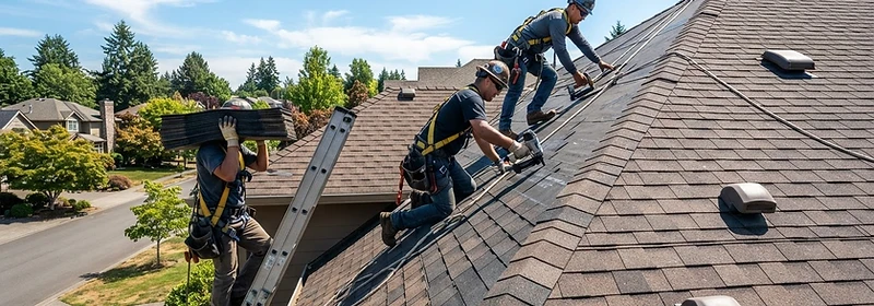 Roofing crew working on a residential roof