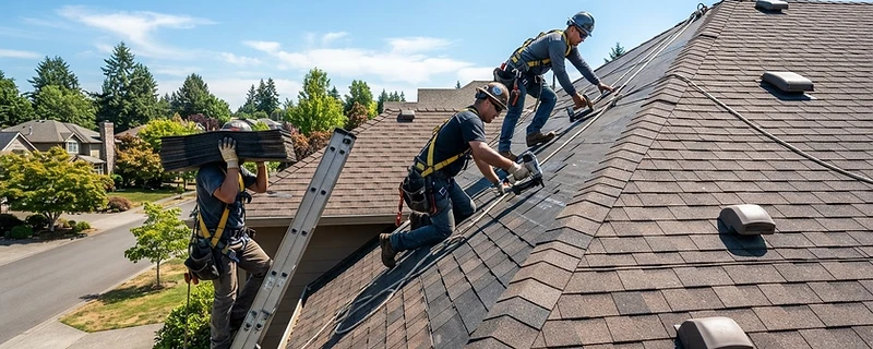 Roofing crew installing new shingles on a residential roof
