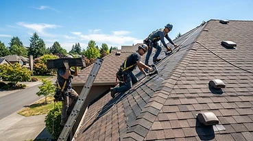 Crew installing new shingles on a residential roof