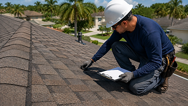 Jeff's Roofing inspector in hard hat kneeling on a shingle roof filling out an inspection clipboard