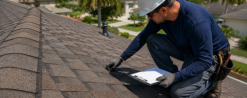 Jeff's Roofing inspector in hard hat kneeling on a shingle roof filling out an inspection clipboard