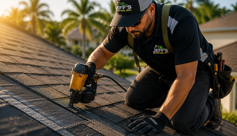 Jeff's Roofing contractor using a pneumatic nail gun to install shingles at golden hour