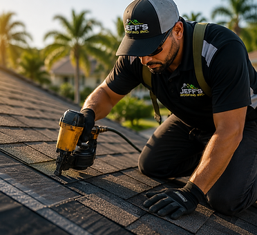 Jeff's Roofing contractor using a pneumatic nail gun to install shingles on a residential roof