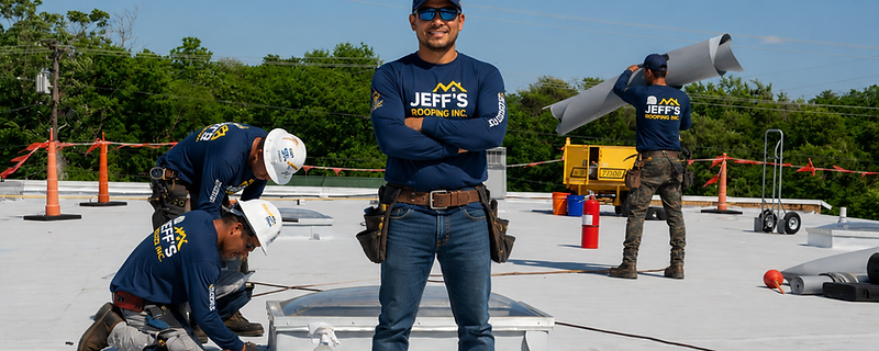 Jeff's Roofing commercial crew working on a flat membrane roof