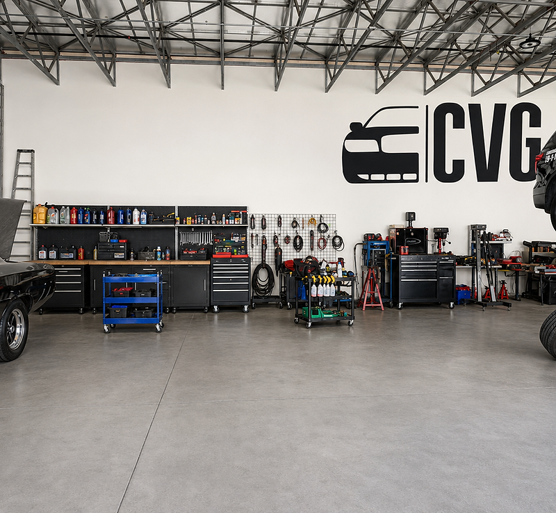 Crown Vic Guys shop interior with a Police Interceptor on the lift and the CVG logo on the wall