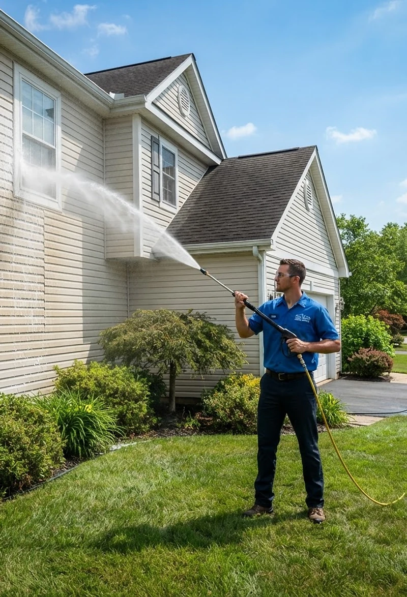 Ridgeline Pressure Washing crew cleaning a home's siding in the 47025 area