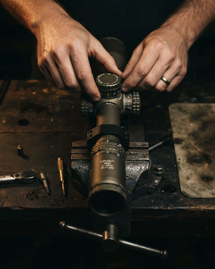 A member fitting a precision optic on the workshop bench