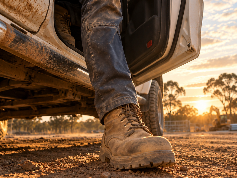 Dusty work boot stepping out of the 4WD at golden hour
