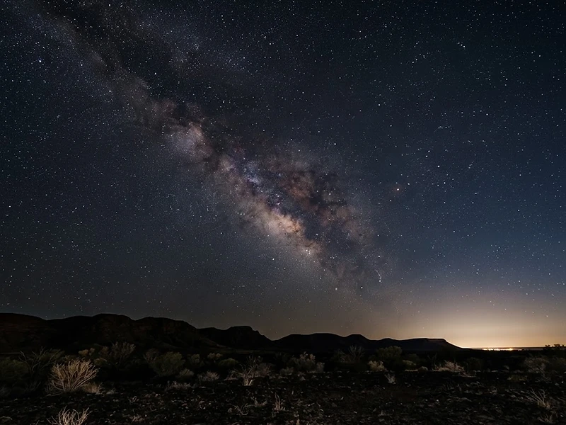 Milky Way band stretching over a dark desert horizon with scattered shrubs and distant town lights