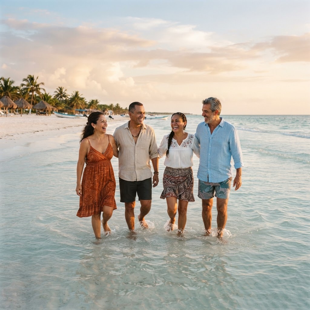 Adultos mexicanos disfrutando de un día de playa en Holbox, México