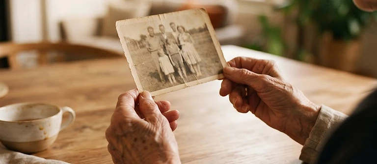 Hands gently holding an old printed family photograph over a warm wooden table