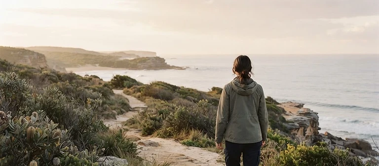 A person walking along a quiet Australian coastal path in soft morning light