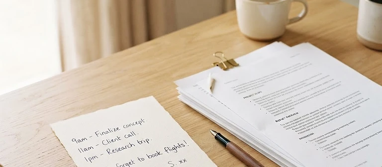 A handwritten note beside neatly organised documents on a pale wooden table in warm Australian daylight