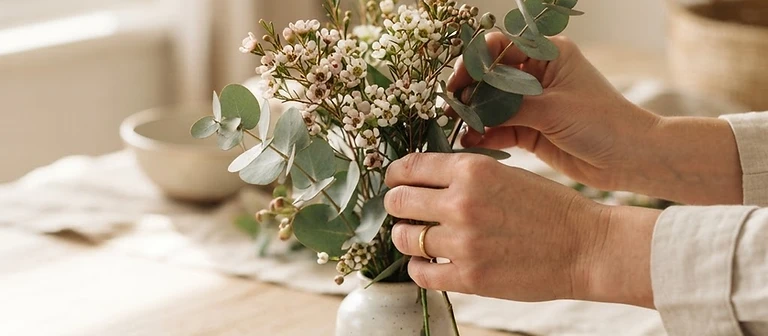 Hands arranging native Australian flowers and eucalyptus foliage on a pale wooden table
