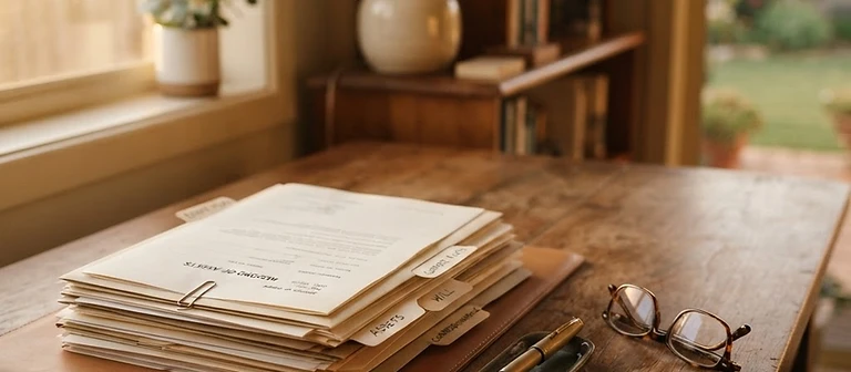A tidy desk with neatly organised paperwork and reading glasses in warm Australian afternoon light