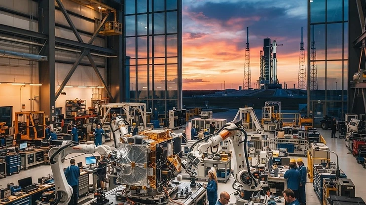 Modern aerospace manufacturing facility in Melbourne, Florida with a rocket launch pad in the distance.