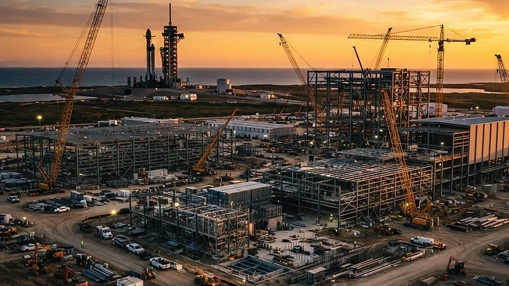 A modern industrial park under construction at sunset with a rocket launch pad in the distance.