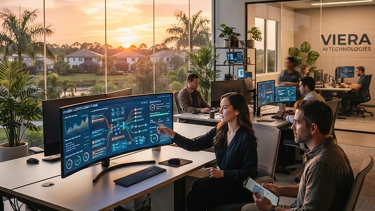 Modern office with digital AI interface.