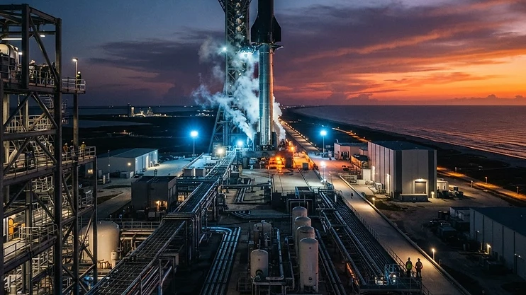 A modern rocket launch pad at dusk with advanced infrastructure and the Florida coastline in the background.
