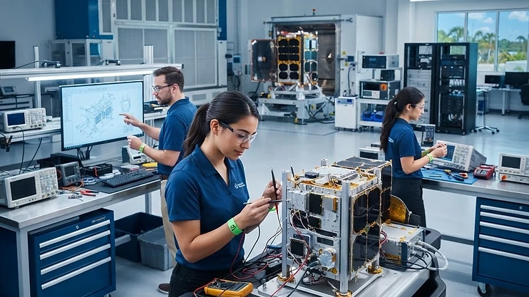 Engineers working in a modern aerospace facility in Melbourne, Florida.