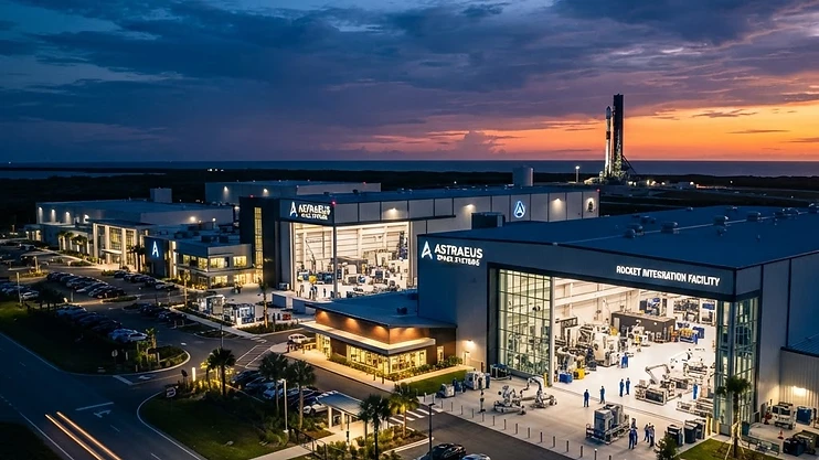 Modern aerospace manufacturing facility on the Florida Space Coast at dusk.