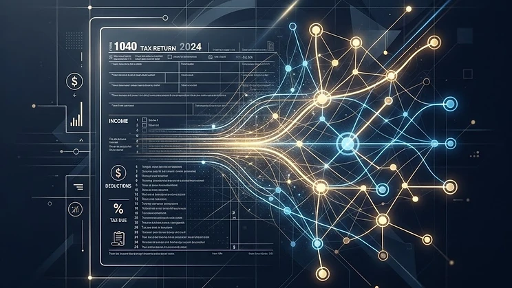 Abstract digital representation of AI and tax regulation.