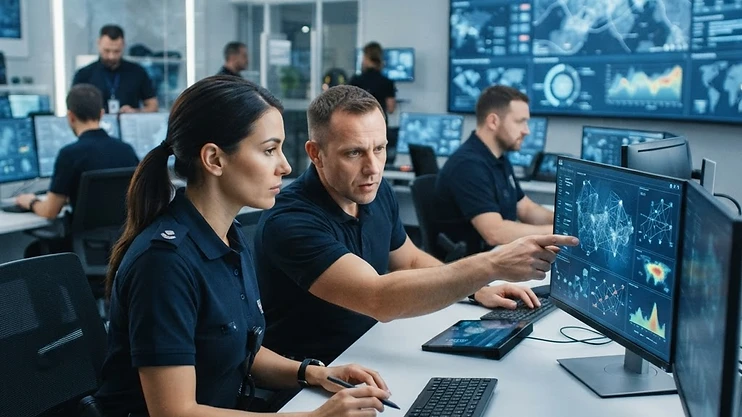 Modern law enforcement office with subtle digital data overlays.