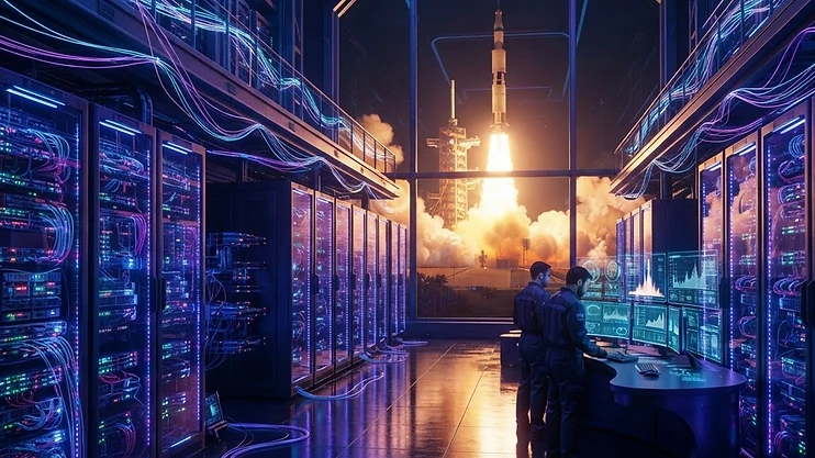 Futuristic data center with a rocket launch in the background.