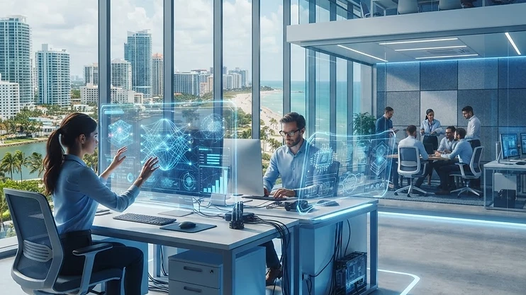 Engineers working with AI in a modern office.