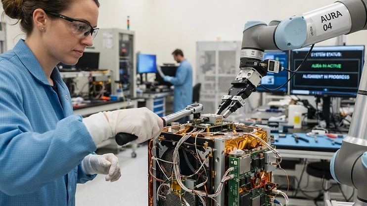 Human and robotic collaboration in aerospace manufacturing.