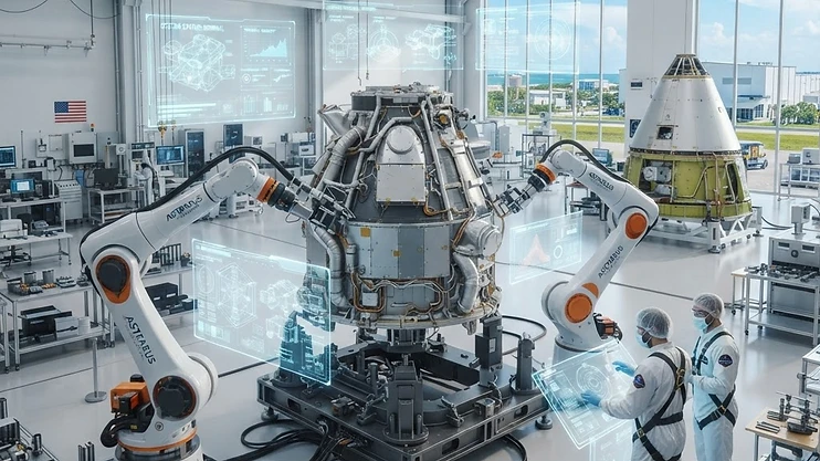 High-tech aerospace manufacturing facility with robotic arms.