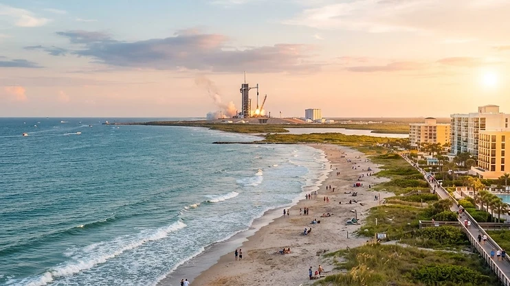 Panoramic view of the Space Coast with a rocket launch pad.
