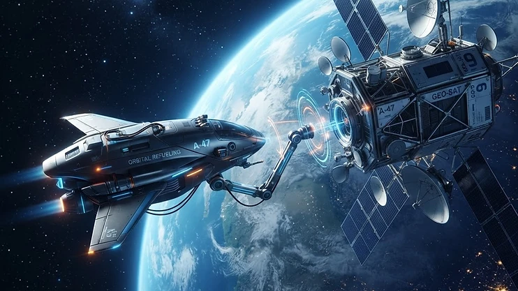 Autonomous refueling drone docking with a satellite in orbit.