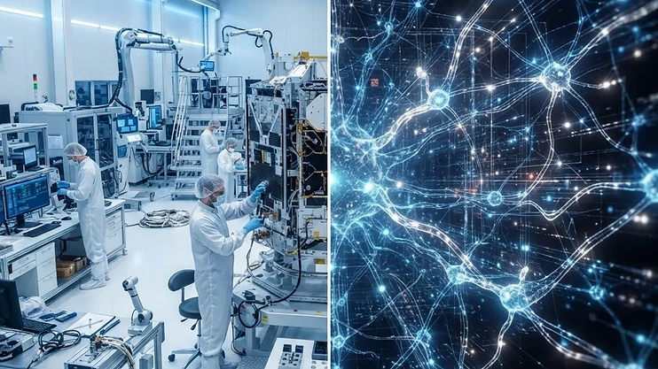 A split-screen image showing a clean-room aerospace environment and abstract neural networks.