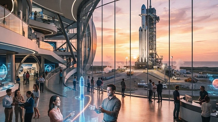 Modern visitor center with holographic displays.