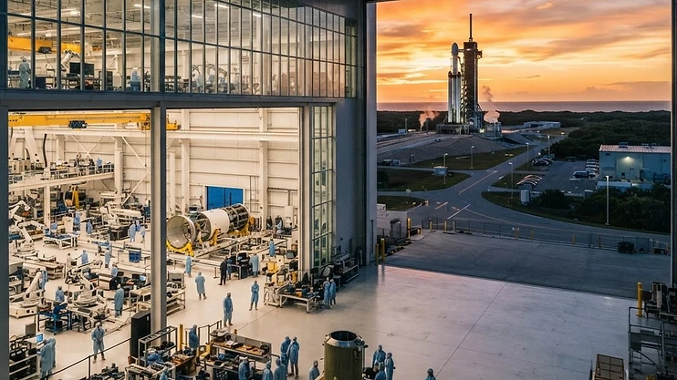 Modern aerospace manufacturing facility in Melbourne, Florida, with a rocket launch pad in the distance.